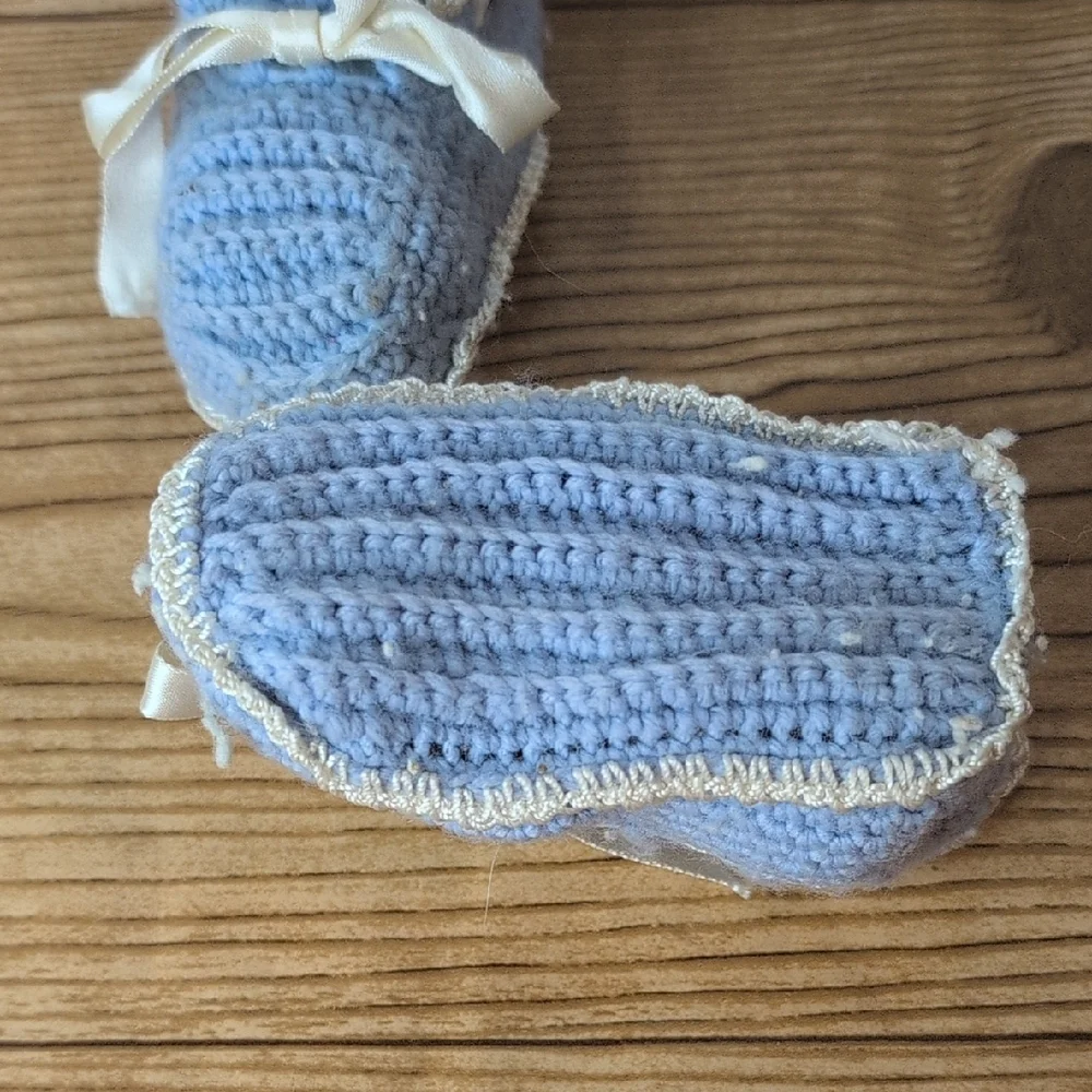 Vintage Crochet Handmade Blue Baby Booties with Ribbon